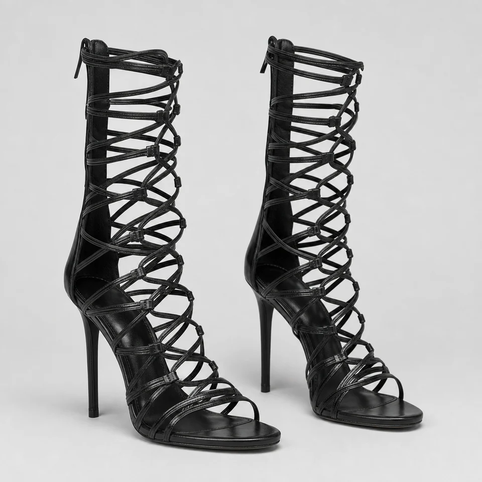 Glossy black caged strappy gladiator sandal with open toe and high stiletto heel