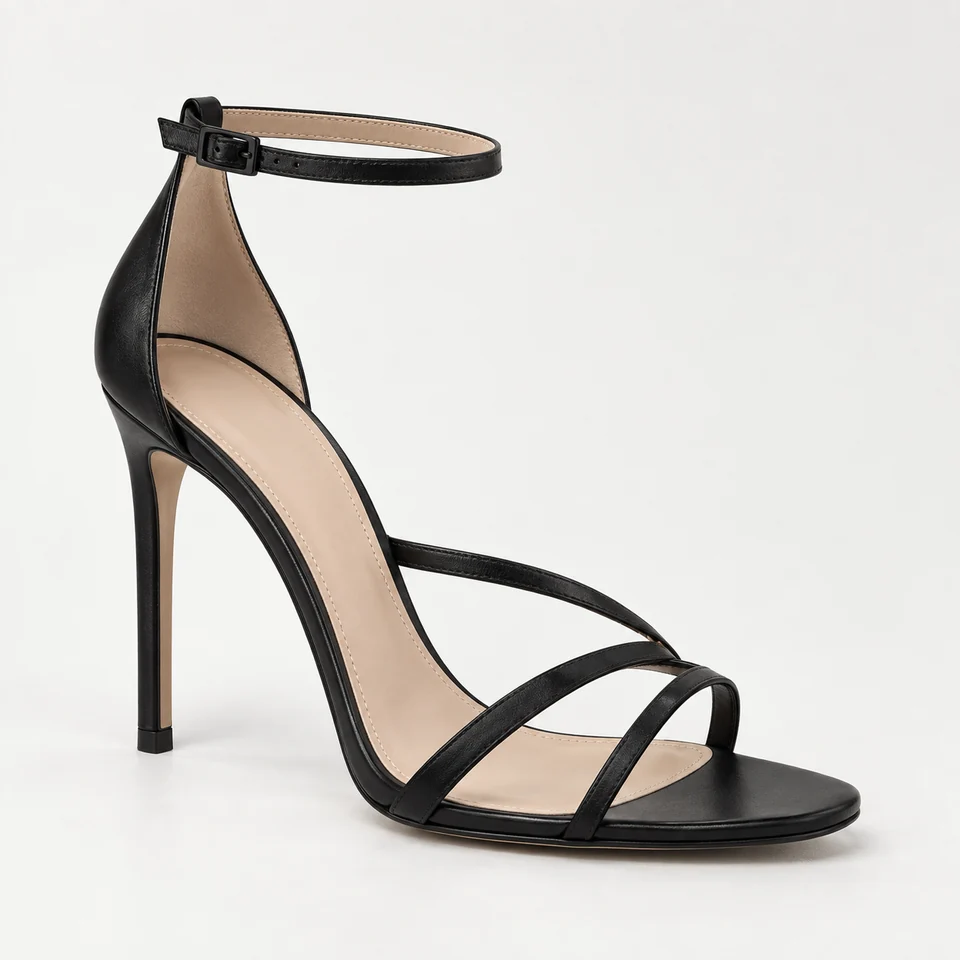 Black high stiletto sandal with thin straps and ankle buckle closure