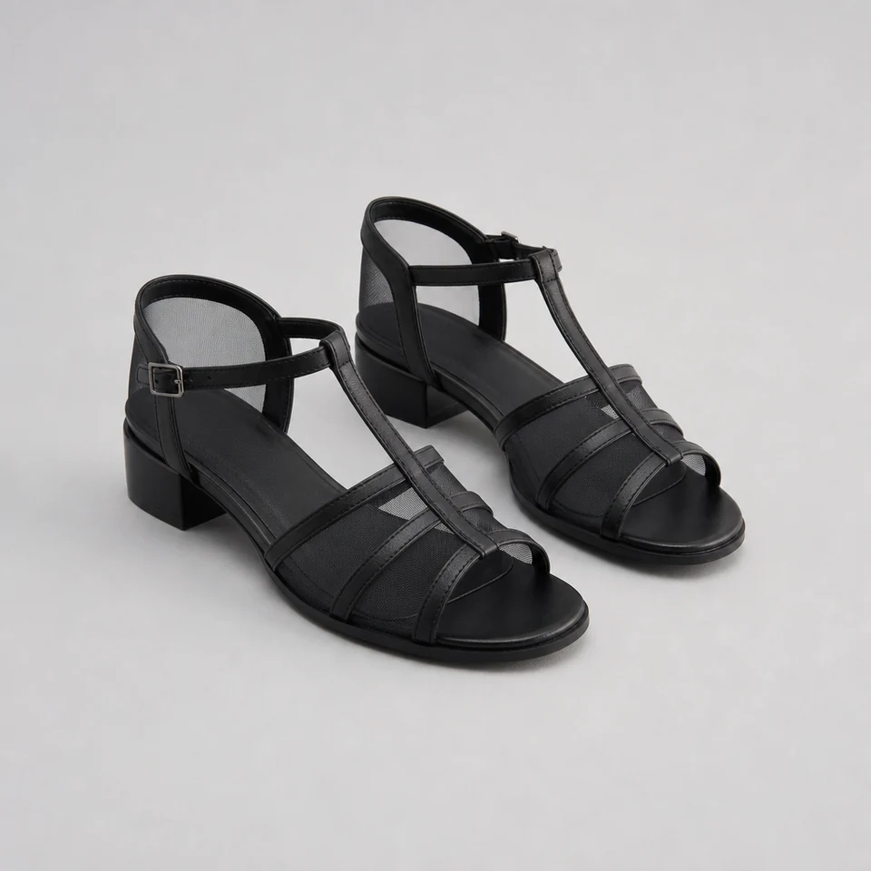 Black open toe sandal with mesh panels, T-strap, and low block heel