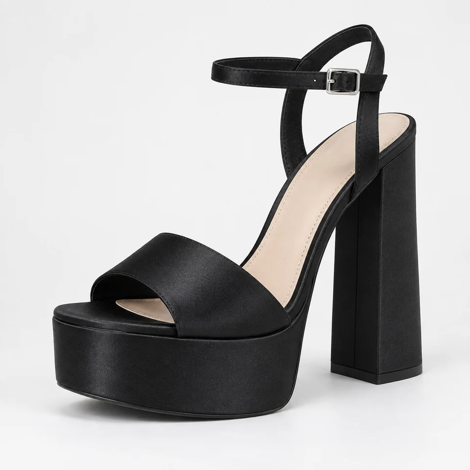 Black platform sandal with wide front strap and ankle buckle, tall block heel