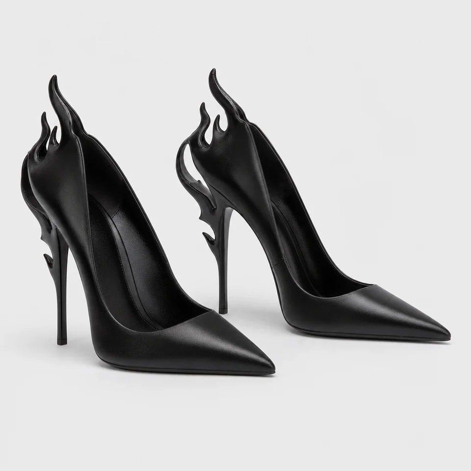 Black pointed-toe pump with flame-shaped heel collar detail and high stiletto heel on white background