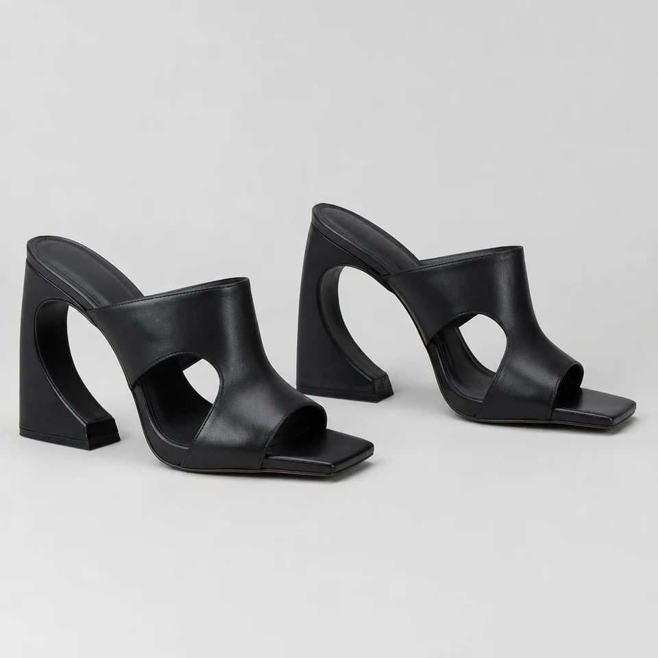 Black sculpted block heel mules with open square toe and cutout sides