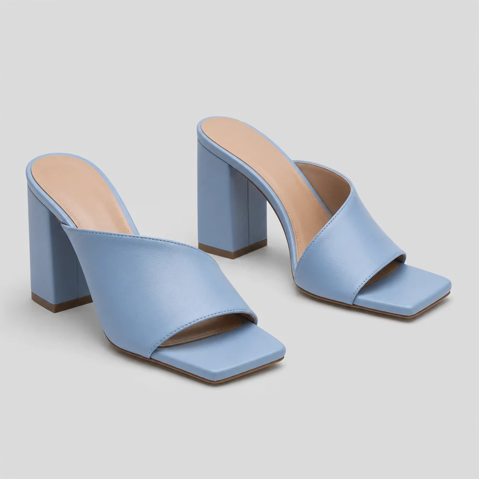Blue block heel sandal with wide front strap and square open toe