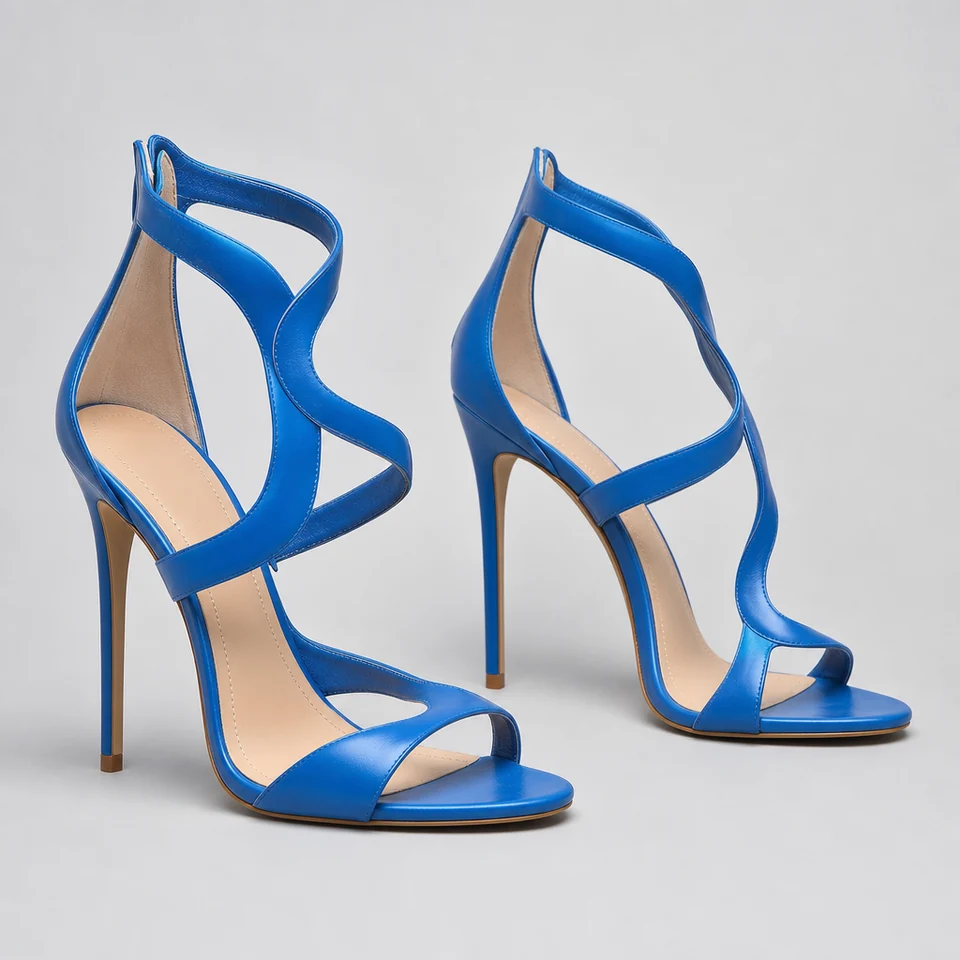 Glossy blue stiletto sandal with wavy straps and open toe