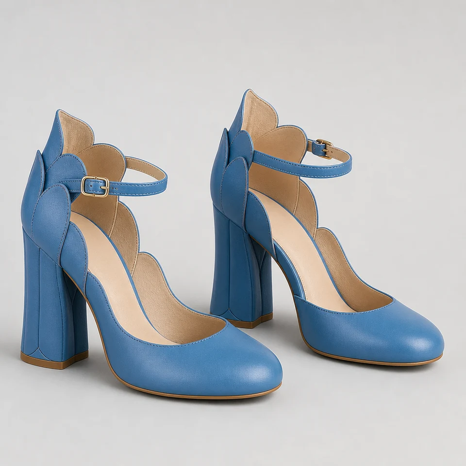 Blue pumps with scalloped edge detail and ankle strap on a block heel