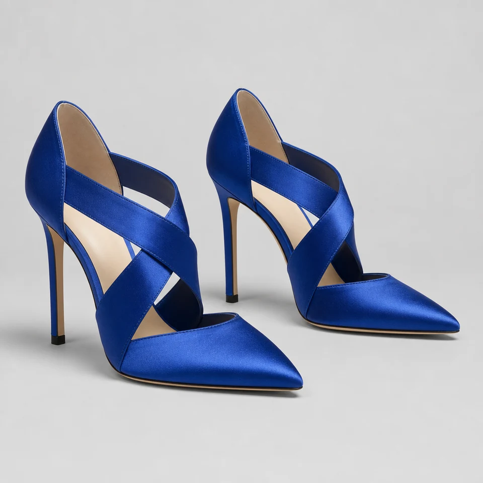 Pair of blue satin-look pointed pump heels with crisscross straps and high stiletto heels