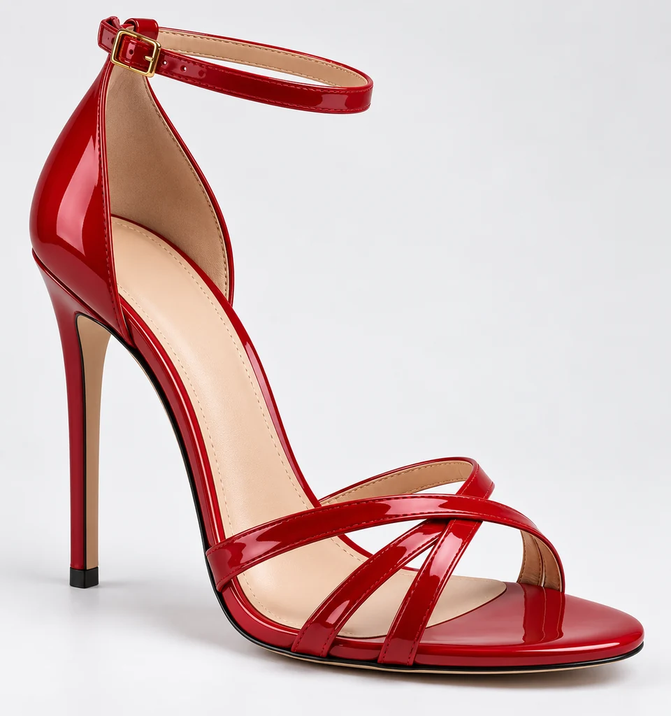 Crimson open-toe sandal design with glossy crossed straps, a slender heel and a gold-tone ankle buckle