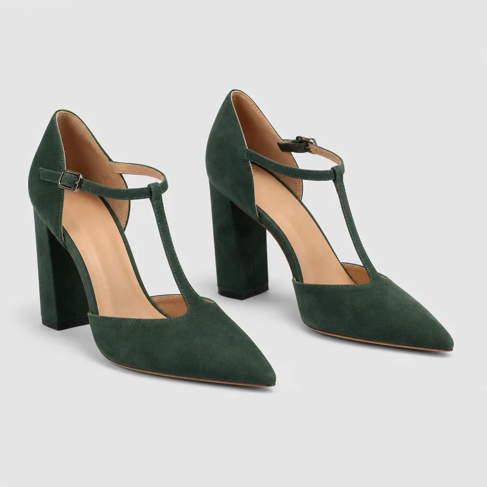 Dark green pointed toe pumps with T-strap and mid block heel