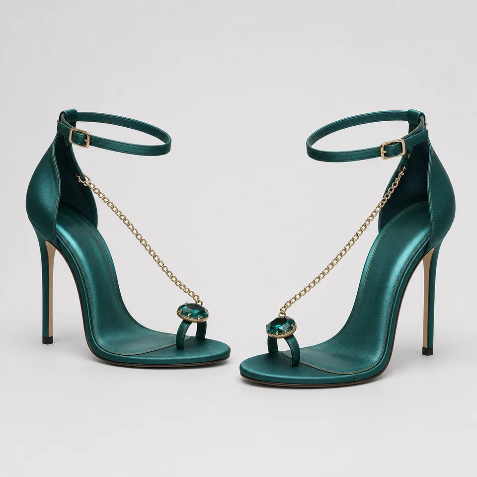 High stiletto emerald-green sandals with ankle strap and gold chain linked to jeweled toe ring