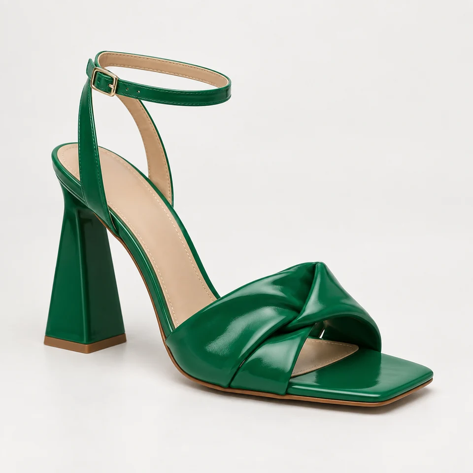 Emerald green open-toe sandal design with a twisted front band, ankle buckle and flared block heel