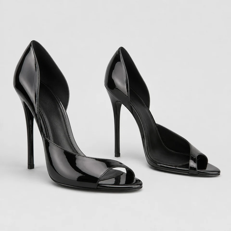 Glossy black open toe pump with sculpted sides and high stiletto heel