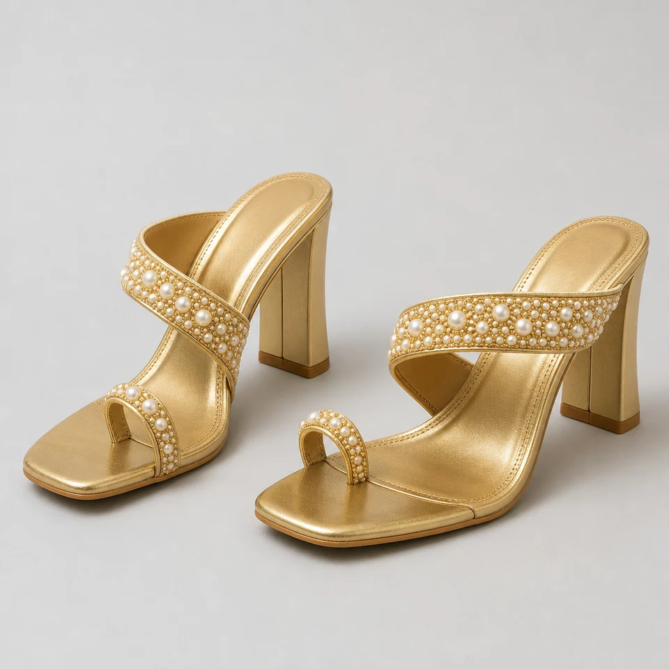 Gold block heel sandal with pearl-like beads on toe loop and wide upper strap