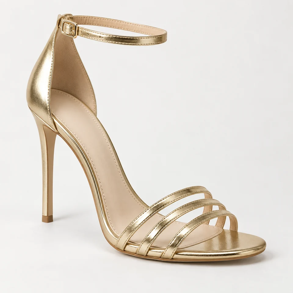Gold-look high stiletto sandal with three slim front straps and ankle strap on white background