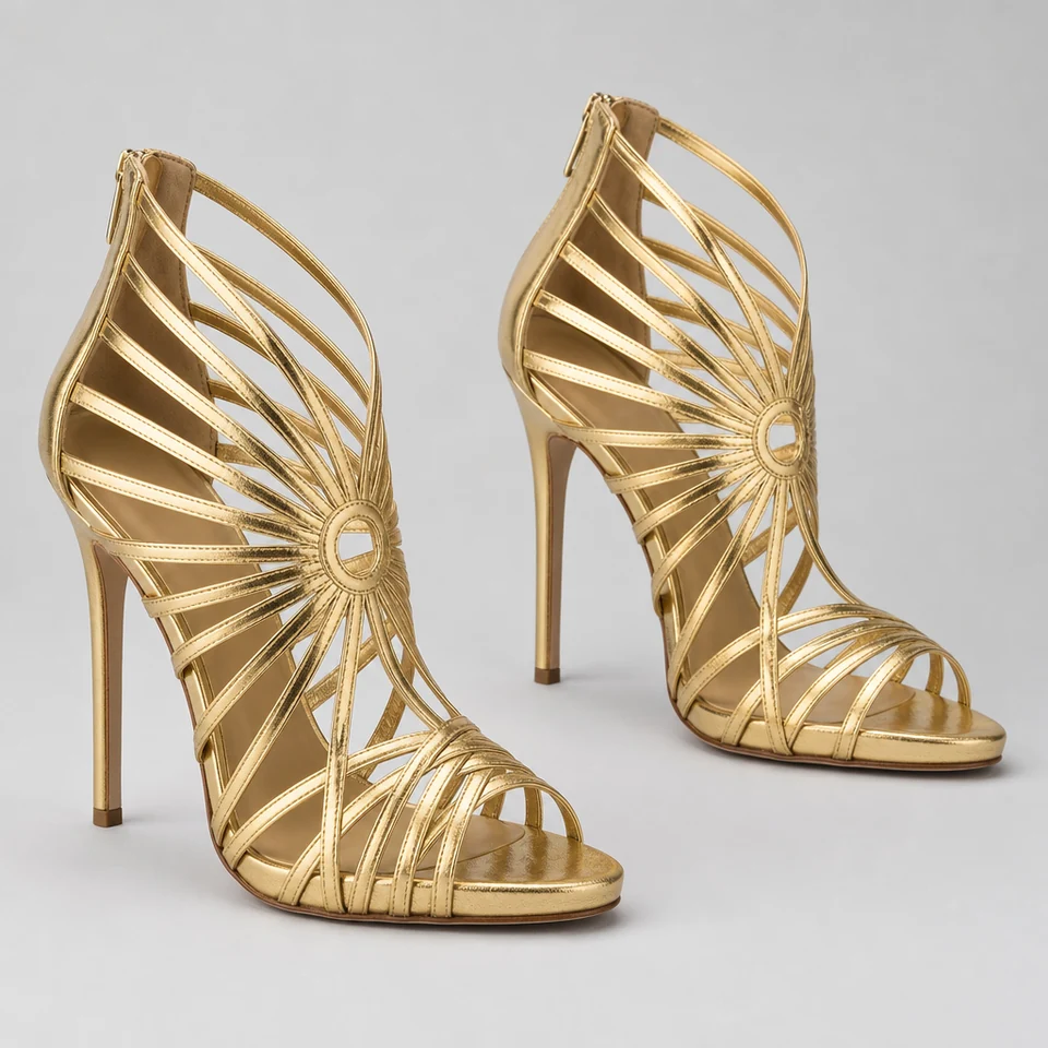 Gold-look strappy high heel sandals with open toe and sunburst strap design