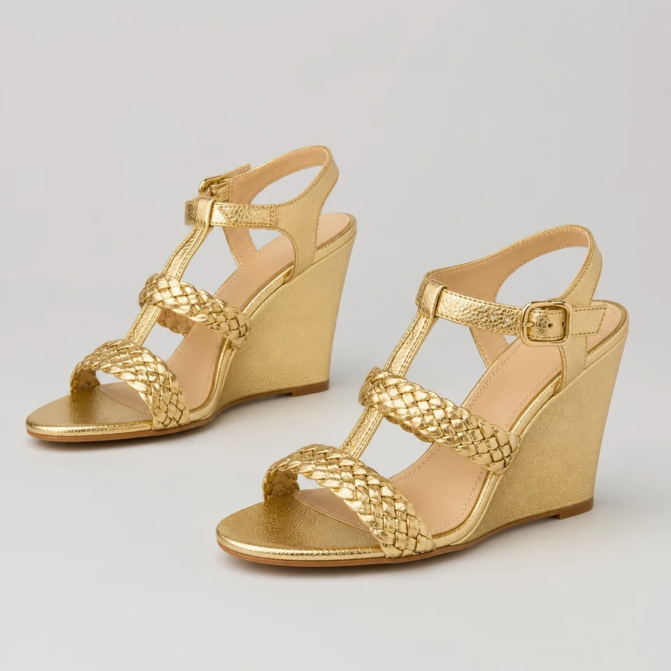 Gold-look wedge sandal with braided straps and T-strap