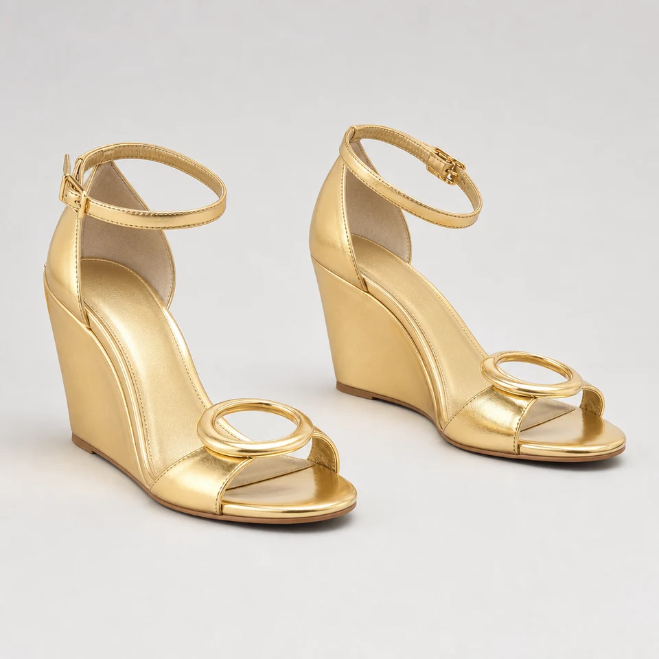 Gold metallic-look wedge sandals with open toe and circular ornament on front strap, slim ankle buckle strap