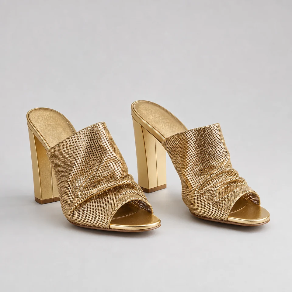 Gold ruched textured block heel open-toe sandals with square toe shape