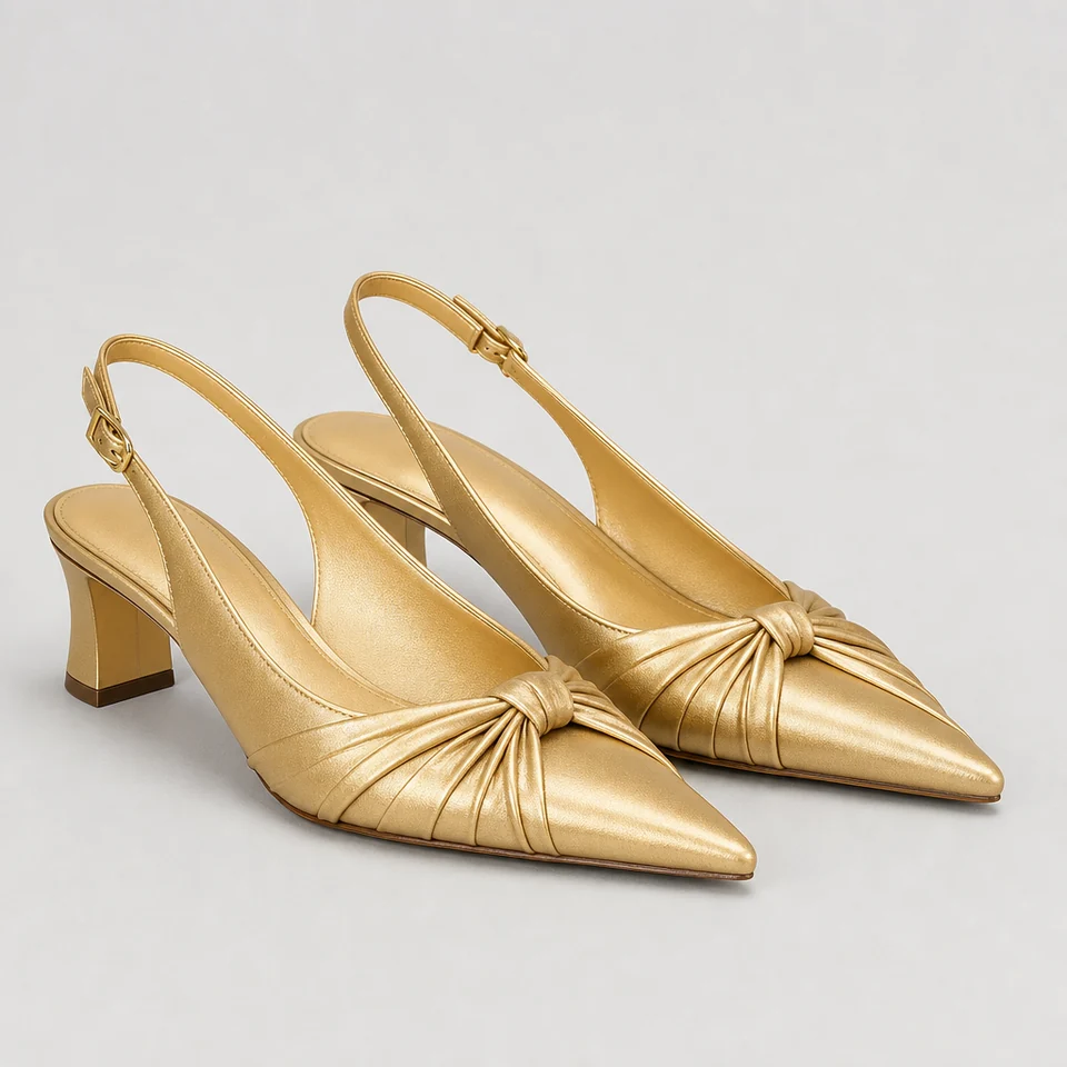 Metallic gold-look pointed toe block heel slingback pumps with gathered knot detail