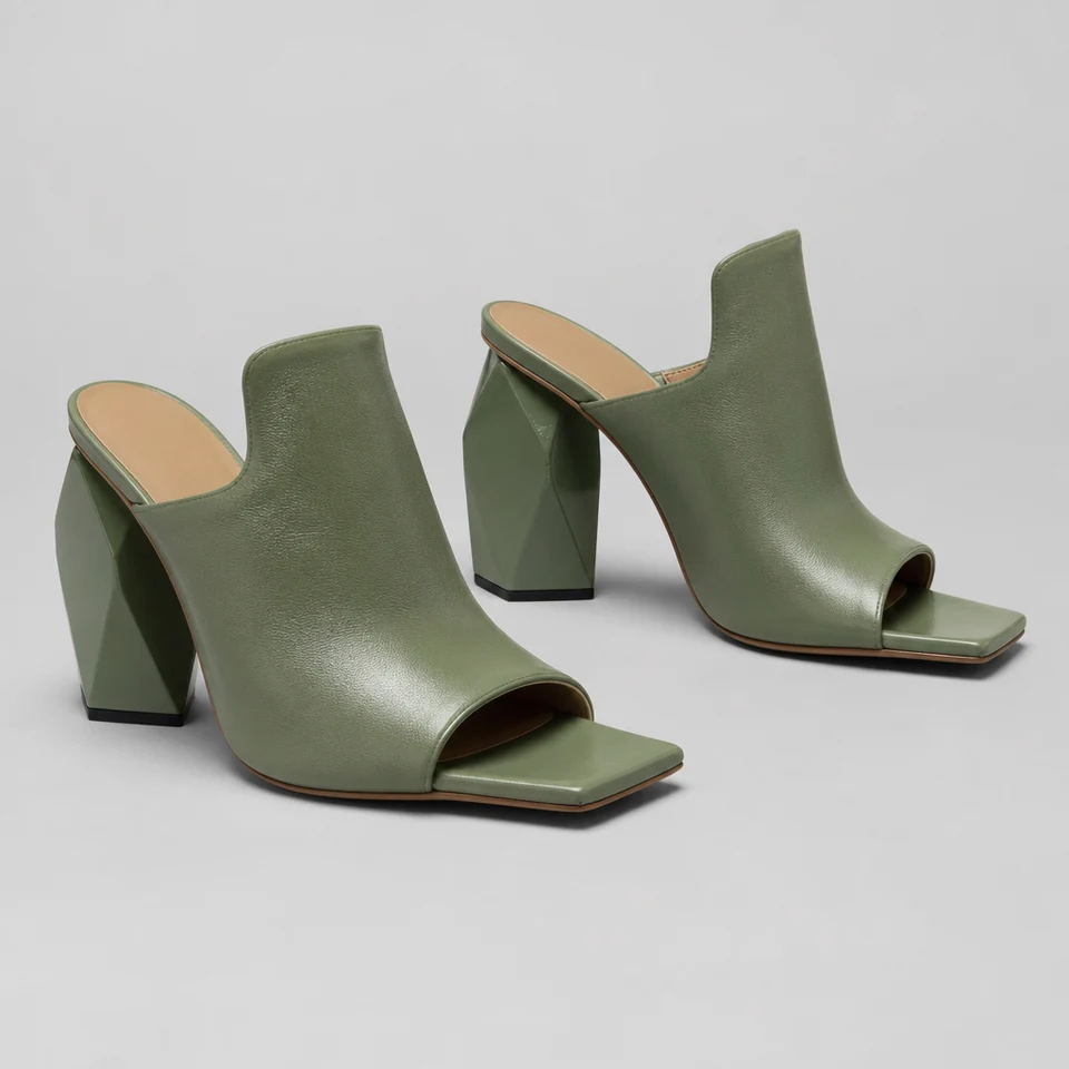 Green mules with open square toe and geometric block heel in smooth leather-look material
