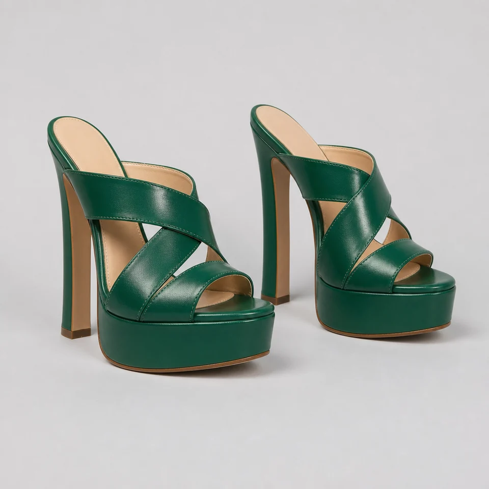 Green platform mule sandals with wide crisscross straps and high block heels