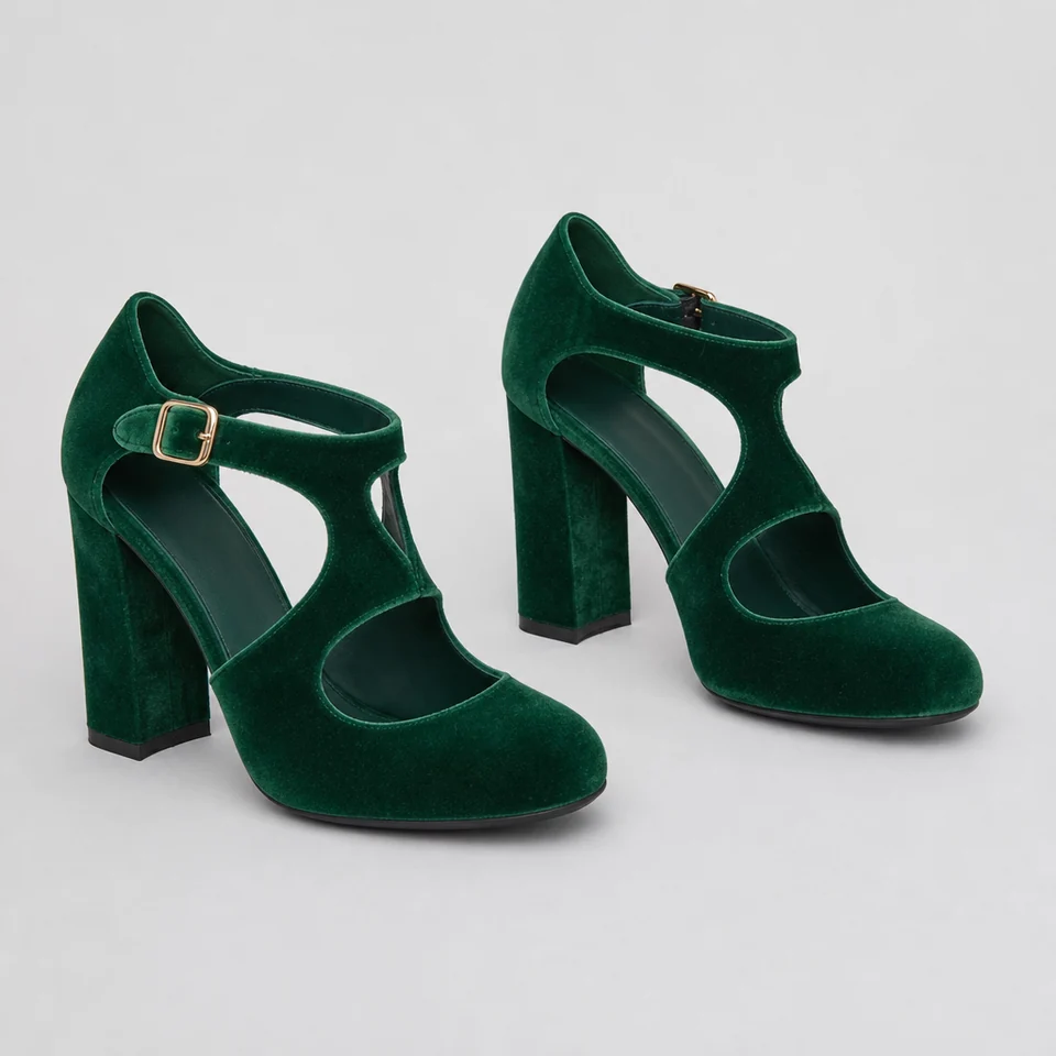 Green velvet-look block heel pumps with T-strap cutouts and gold buckle closure