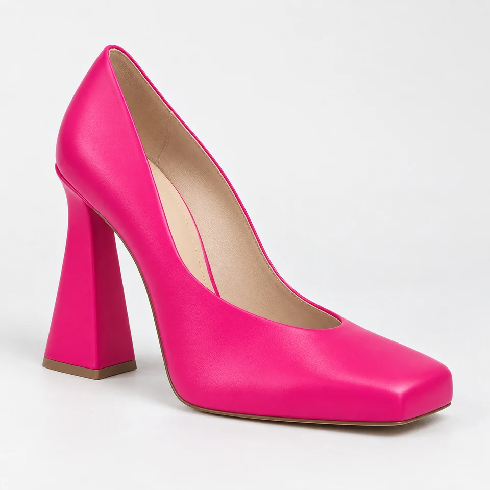Hot pink pump with square open toe and wide block heel