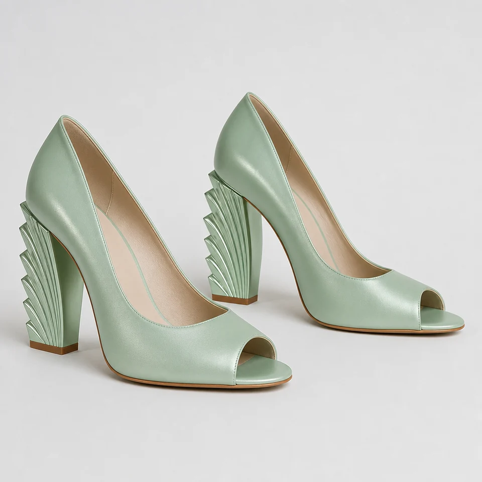 Pair of mint green peep toe pumps with fan-shaped sculpted block heels