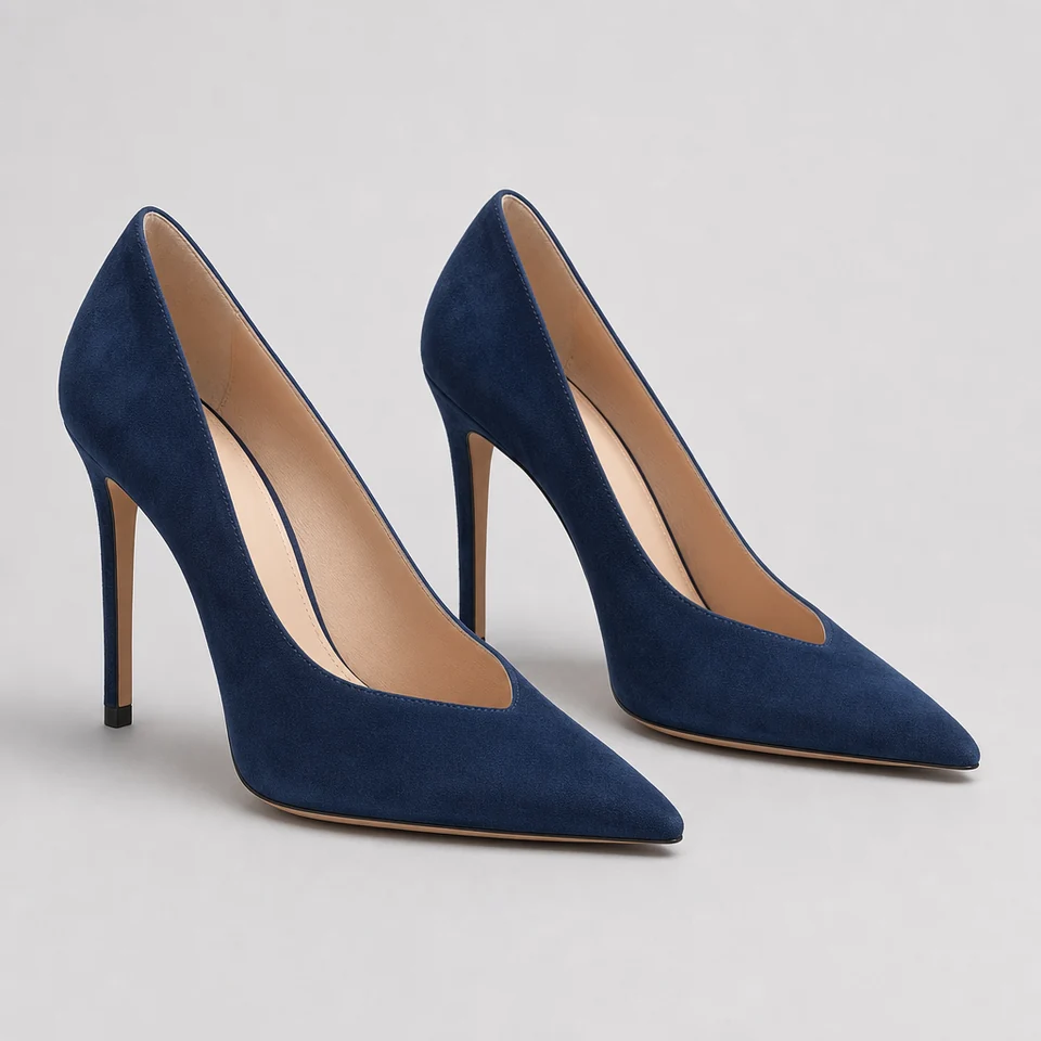Pair of navy blue pointed toe stiletto high heel pumps in suede-look material