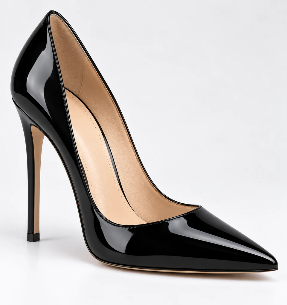 Glossy black pointed-toe pump design with a slender stiletto heel and pale interior