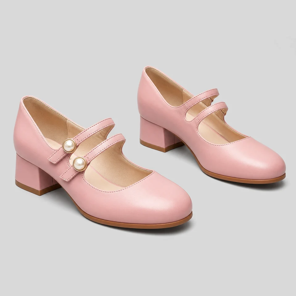 Pink Mary Jane pumps with rounded toe, double straps with pearl buttons, and mid-height block heel