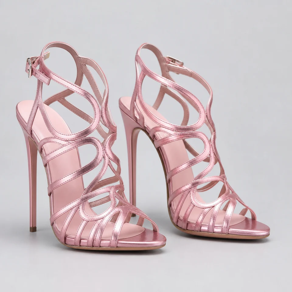 Pink metallic-look strappy stiletto sandals with swirl design and open toe