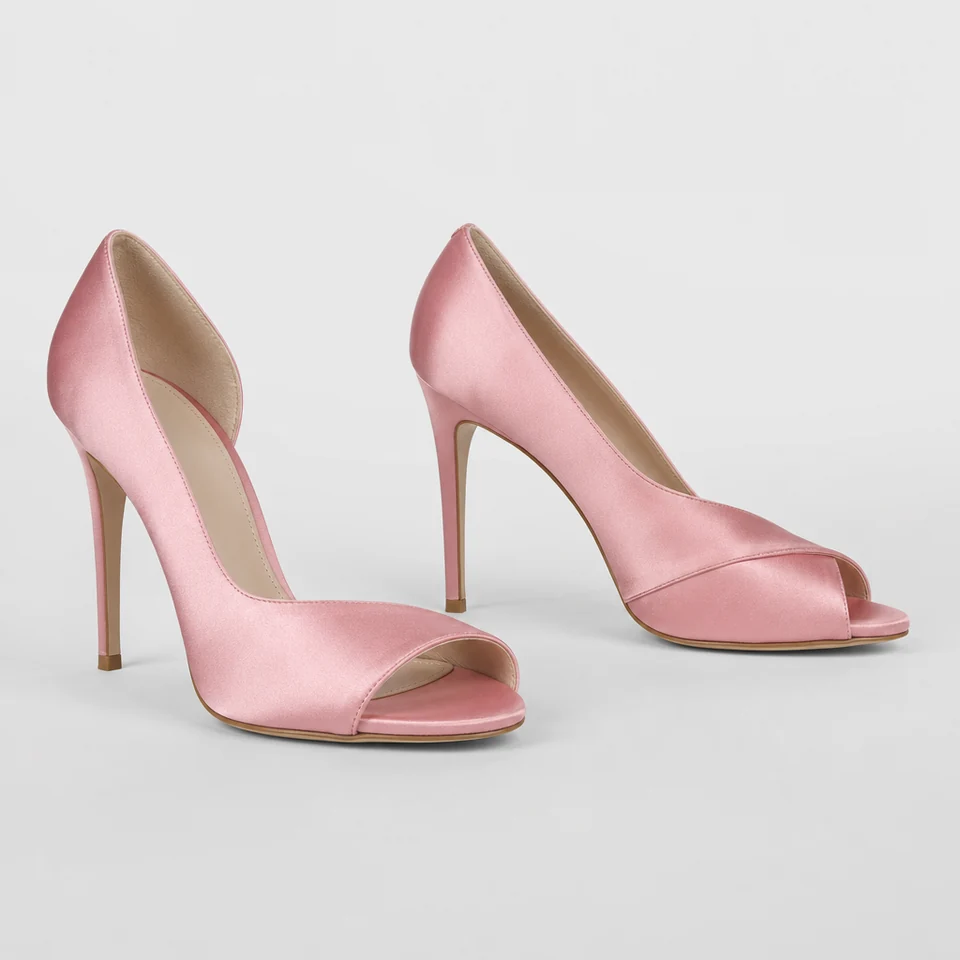 Pair of pink satin-look high stiletto heel pumps with open toe and sleek curved upper