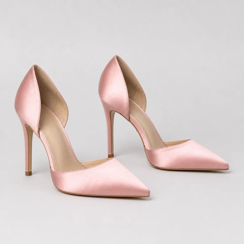 Pink satin-look pointed toe pumps with high stiletto heels and open side profile