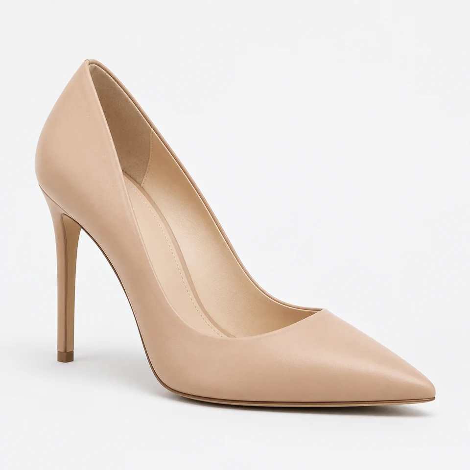 Pointed tan classic pump with high stiletto heel and matte finish