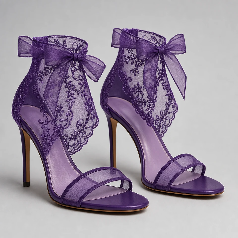 Purple high stiletto sandal with sheer lace tulle ankle wrap and bow, open toe and single strap front