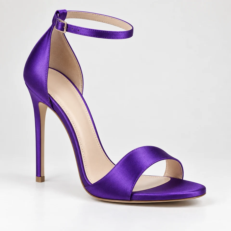 Glossy purple satin-look stiletto sandal with thin ankle strap and open toe