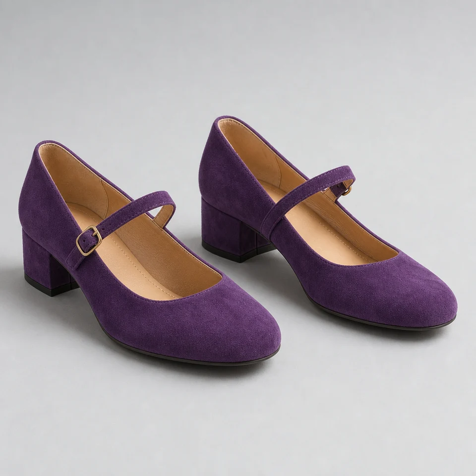 Pair of purple suede-look Mary Jane block heel pumps with round toes and buckle straps