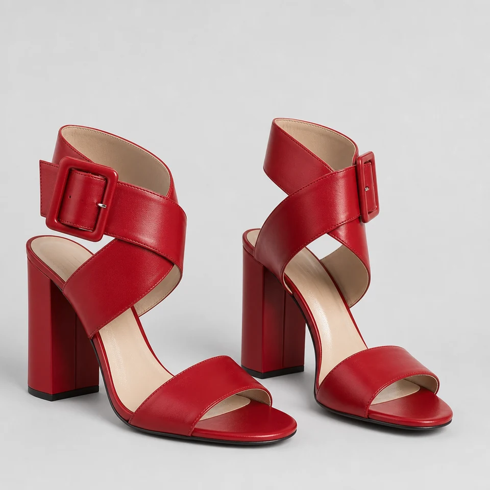 Glossy red-look sandal with chunky block heel and wide cross ankle strap featuring large square buckle