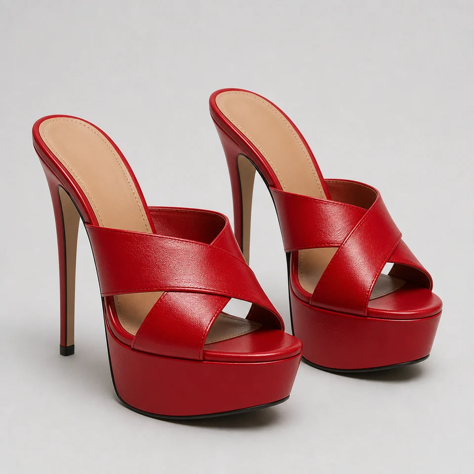 Pair of red high platform mules with glossy crossed straps and stiletto heels