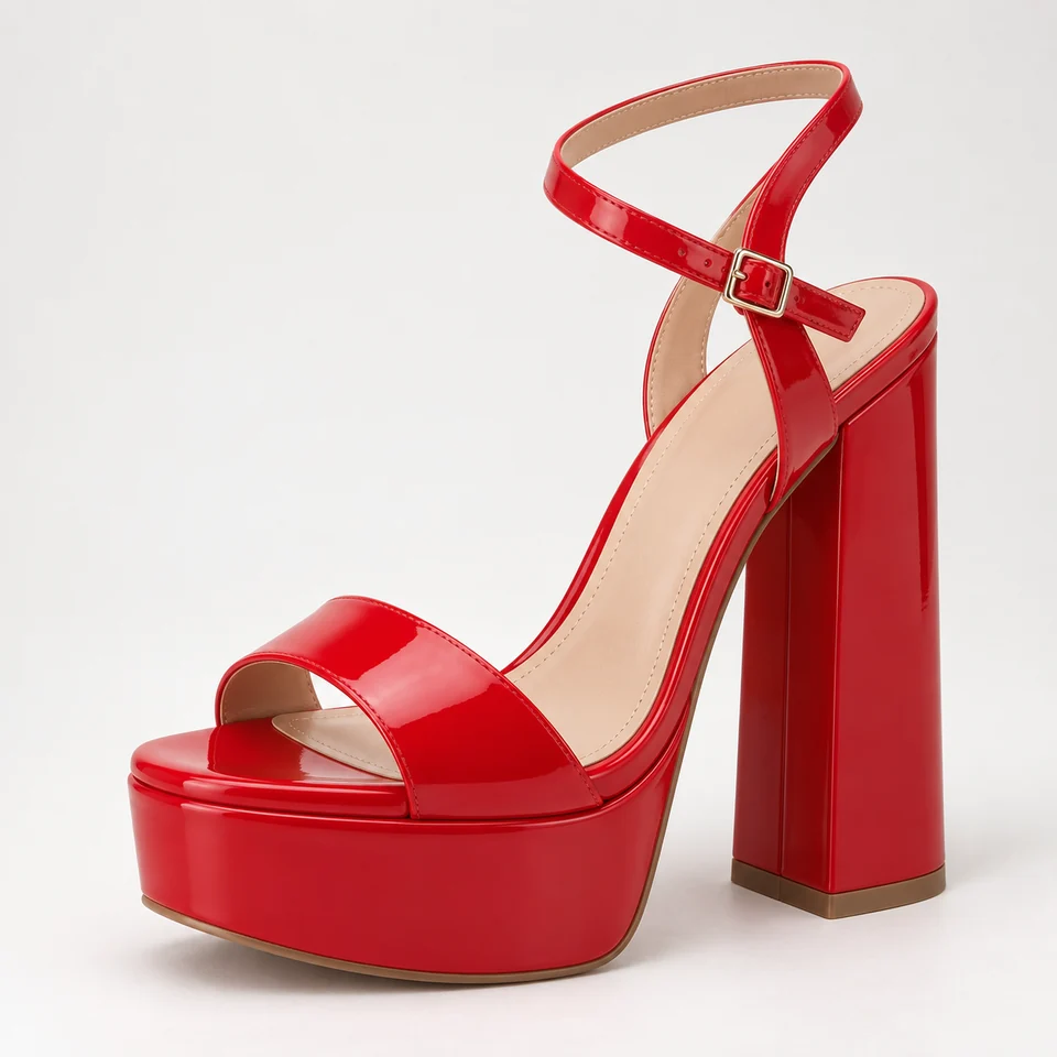 Glossy red patent-look platform sandal with thick block heel and ankle strap buckle
