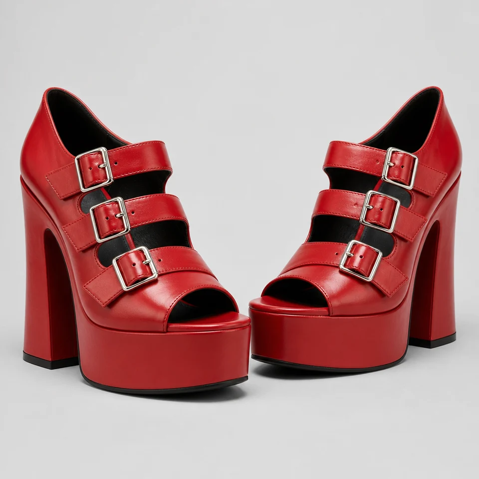 Glossy red platform pumps with three buckle straps and block heels