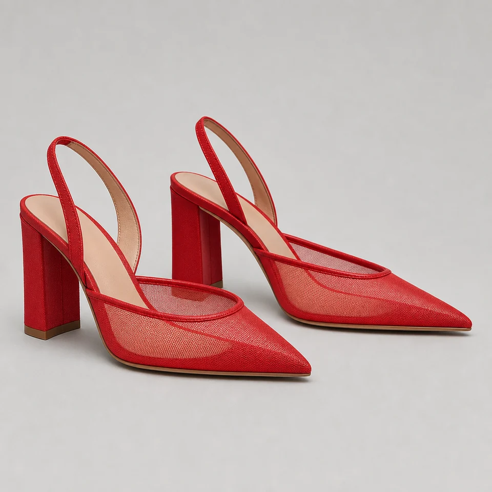Red pointed slingback pumps with block heels and mesh-look upper