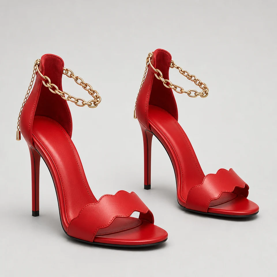 Red stiletto sandal with scalloped front strap and gold chain ankle detail