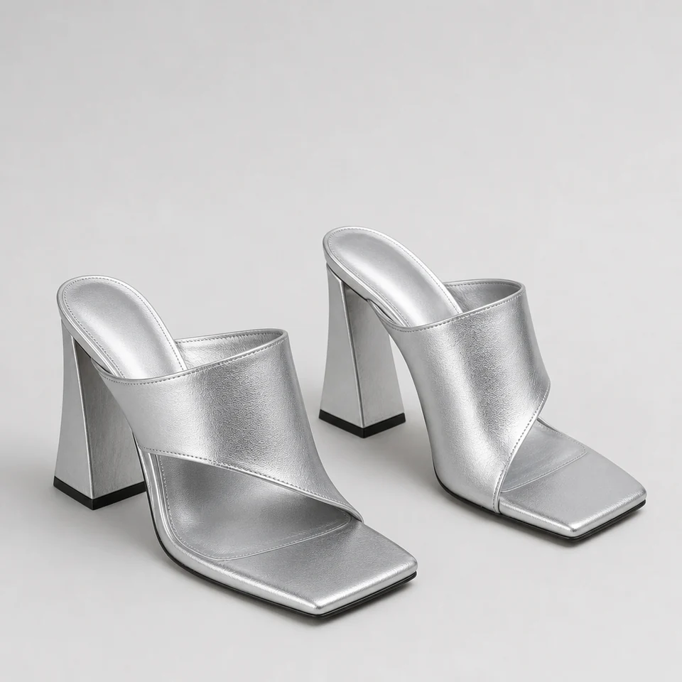 Silver metallic-look mule pumps with asymmetrical broad band, open square toe, and block heels