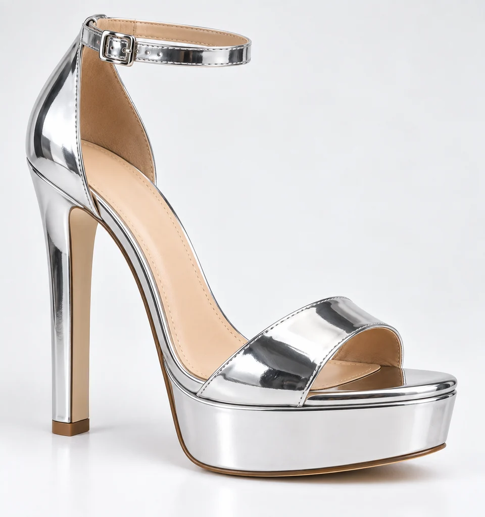 Reflective silver sandal design with a raised platform, wide toe band, angular heel and buckled ankle strap