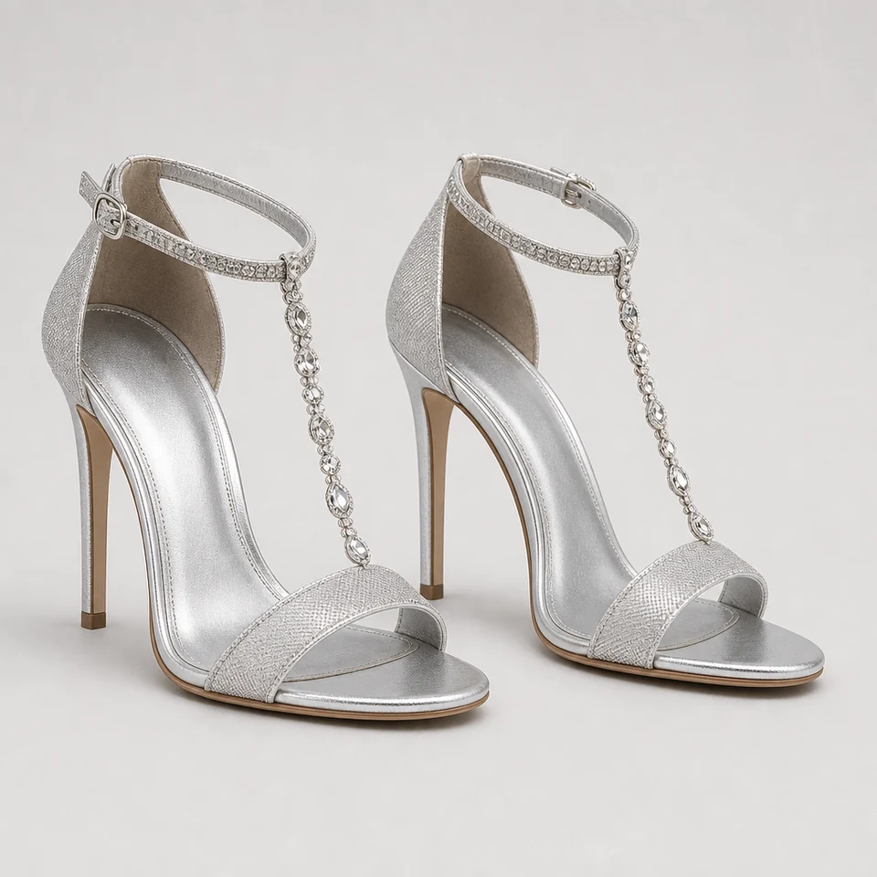 Silver stiletto sandal with T-strap adorned with clear crystal jewels and textured front strap open toe