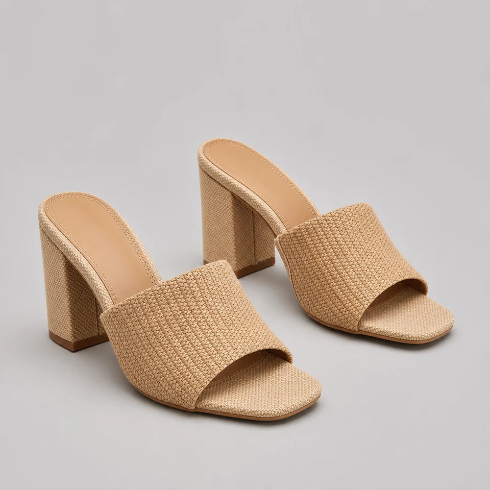 Square toe tan woven-look block heel mule slip-on sandals