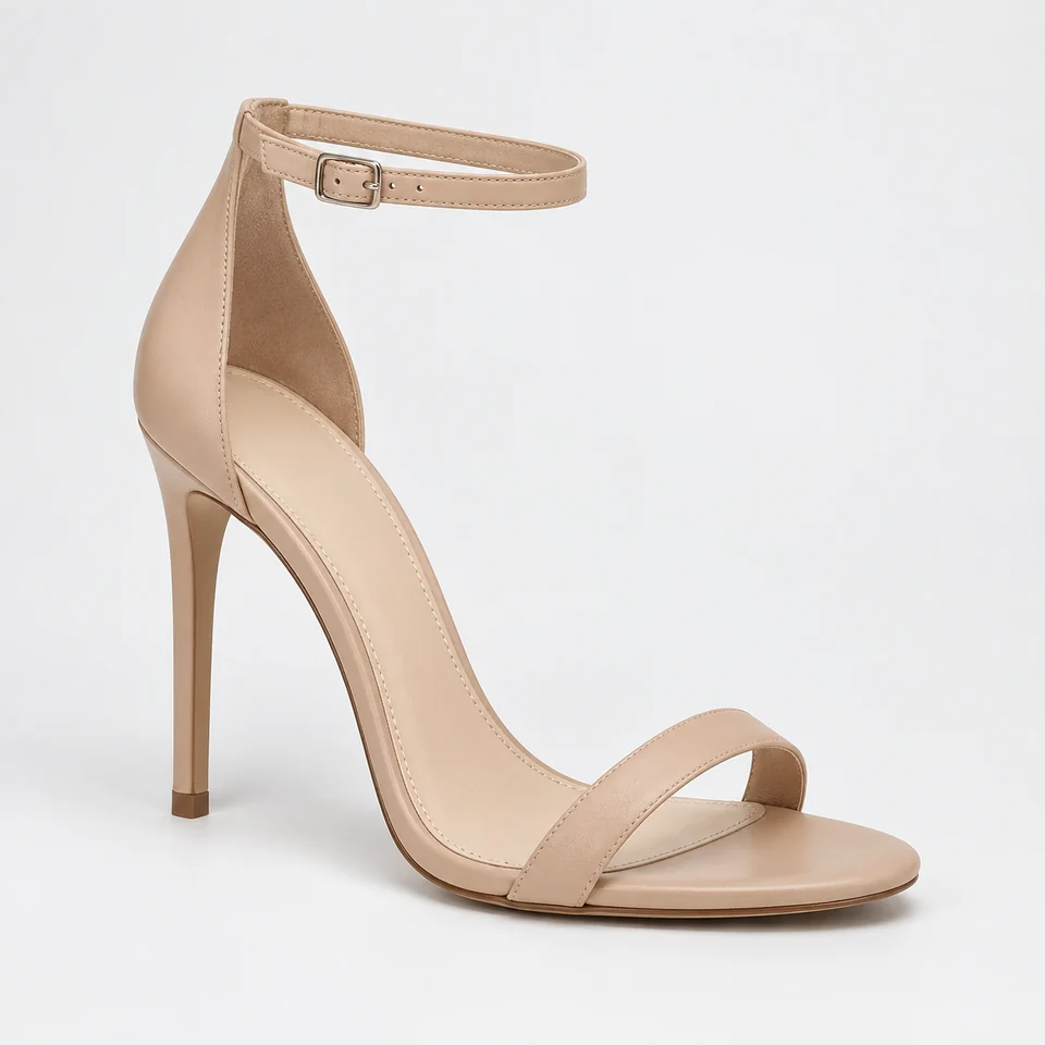 Tan ankle strap stiletto sandal with open toe and thin straps