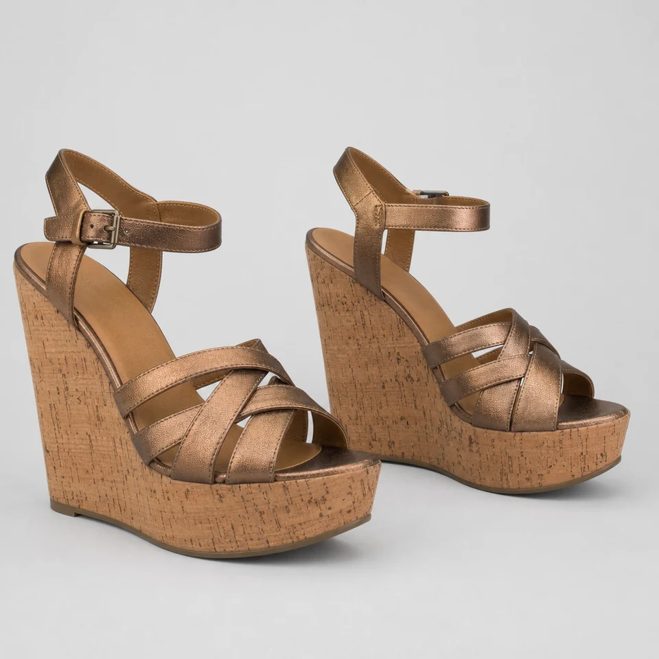 Tan metallic wedge platform sandals with cork-look heels and crisscross straps