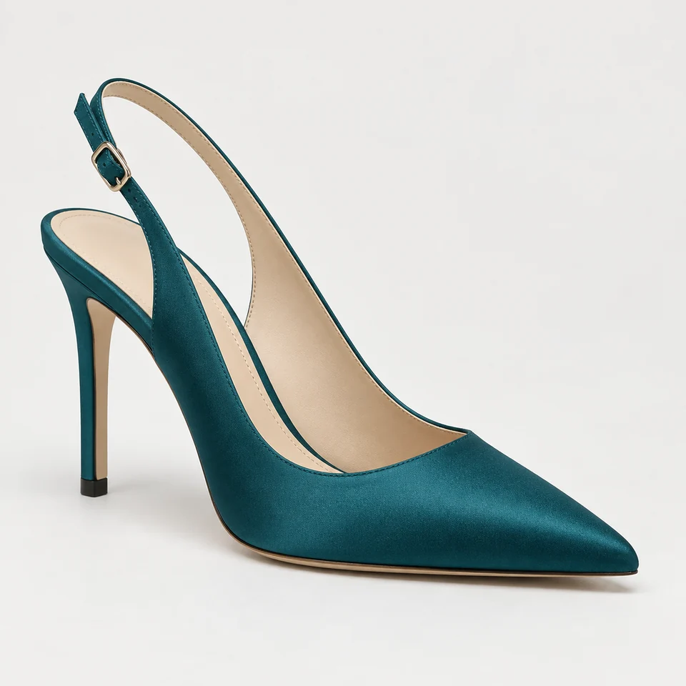 Teal pointed toe slingback pump with high stiletto heel in satin-look material